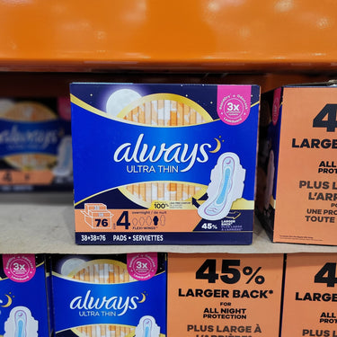 Image of Always Ultra Thin Size 4 Overnight Pads with Wings, Unscented 76ct - 1 x 940 Grams